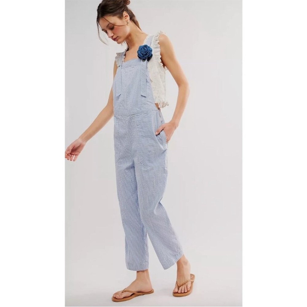 Free People Miners Railroad Striped Intown Dungarees Overalls Size L Blue NWT
